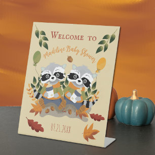 Signe De Table Baby shower Twin Raccoons Welcome Piédestal