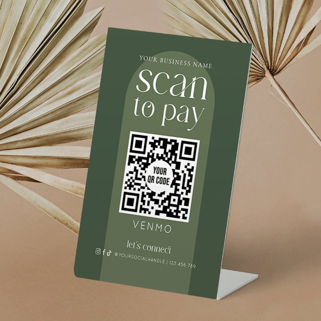 Signe De Table Balayage moderne Boho Sage Green Scan pour payer Q (Scan to pay boho style sage green pedestal sign with one QR code)