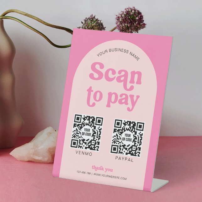 Signe De Table Balayage rose moderne pour payer 2 QR Code paiemen (Feminine Business Scan to Pay pedestal sign with space for 2 QR codes in a retro pink design)
