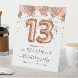Signe De Table Ballons d'or rose 13e Affiche de bienvenue d'anniv