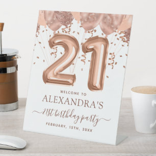 Signe De Table Ballons d'or rose 21e fête d'anniversaire