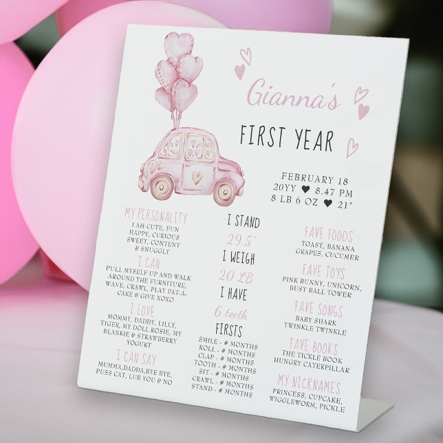 Signe De Table Ballons roses et voiture 1er Anniversaire Jalon (Milestone Sign for Baby's First Year - from my Car and Balloons Valentine Birthday Collection)