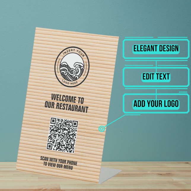 Signe De Table Bamboo Menu Restaurant Code QR (This QR Code placard table pedestal sign can be placed anywhere & scanned by your customers.)