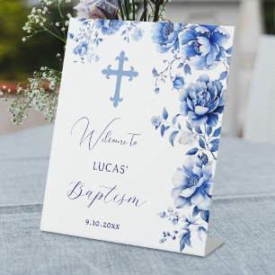 Signe De Table Baptême Fleurs Bleues Symbole de Piédestal