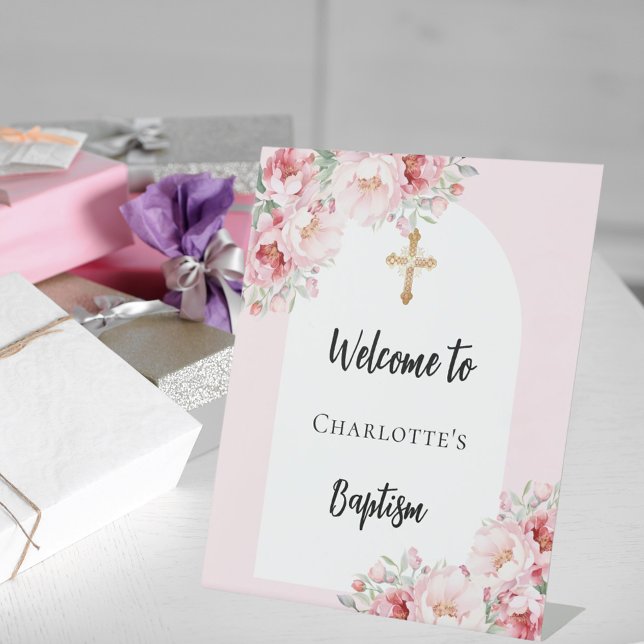 Signe De Table Baptême rose florales arche fille accueil (Créateur téléchargé)