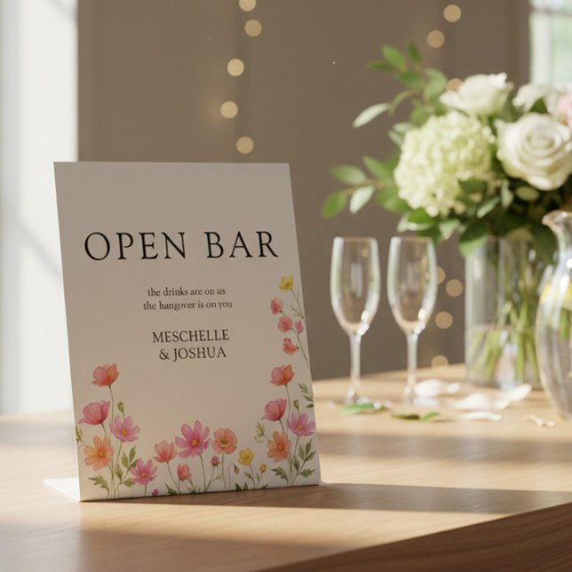 Signe De Table Bar à boissons ouvert Mariage Fleur sauvage Orange (Open Bar Sign from the Wildflower Bloom wedding collection by Darling & May)