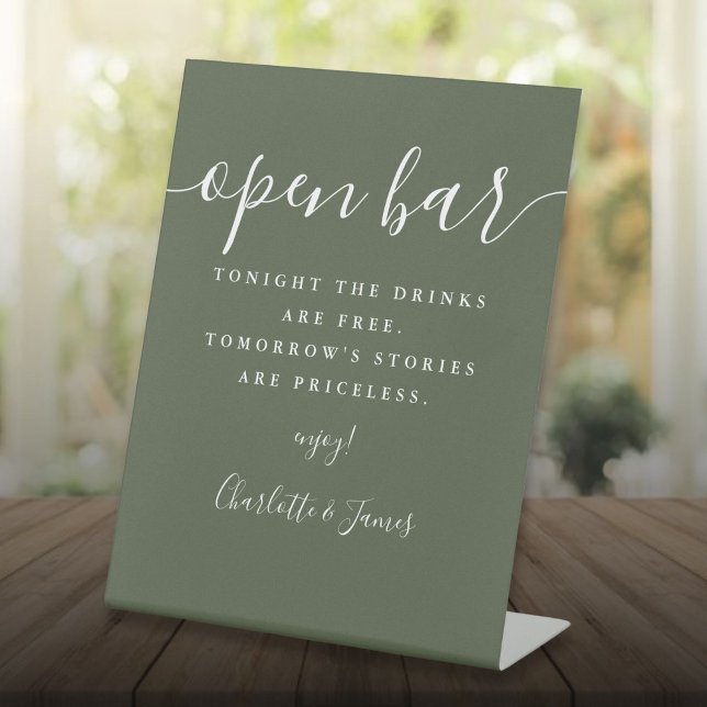 Signe De Table Bar à boissons ouvert Olive Green Signature Script (Olive Green Signature Script Open Bar Pedestal Sign)