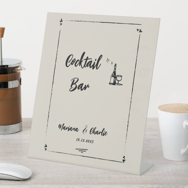 Signe De Table Bar à cocktails illustré rétro gris  (In SItu)