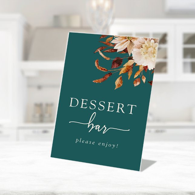 Signe De Table Bar à desserts aux feuilles d'automne (Watercolor Fall Leaves Floral Teal Dessert Bar Pedestal Sign by Painted Paperie
)