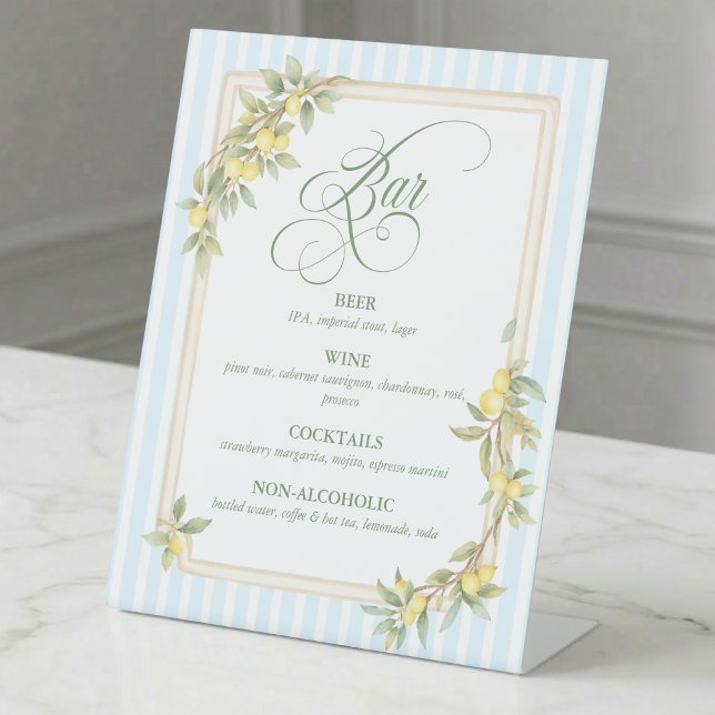 Signe De Table Bar à mariage aux citrons de la côte méditerranéen (elegant classic mediterranean lemon coastal pale blue stripe wedding reception bar menu sign)