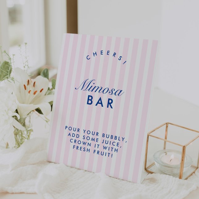 Signe De Table Bar à Mimosa Rétro Navy & Rose Enterrement de Vie  (Mimosa Bar Retro Navy & Pink Bachelorette Pedestal Sign)