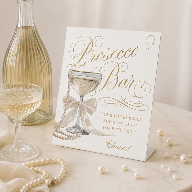 Signe De Table Bar à Perles et Prosecco en Or Blanc Élégant (Elegant White Gold Pearls and Prosecco Bar Pedestal Sign)