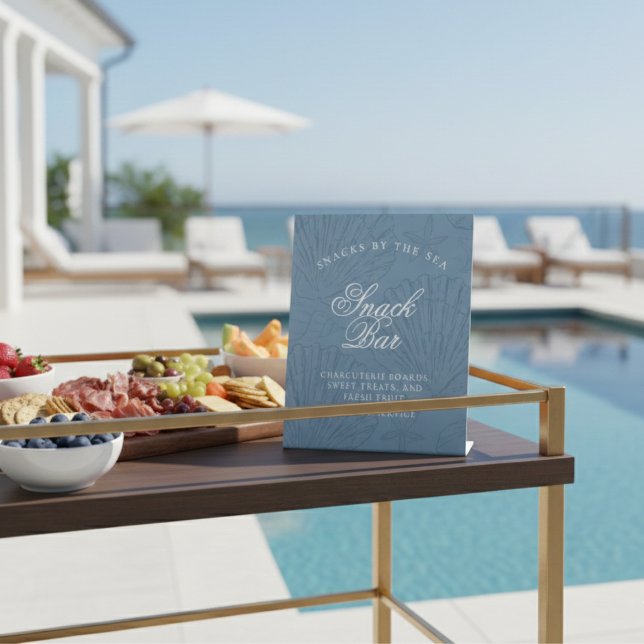 Signe De Table Bar à Snacks Coquillage Bleu Côté Océan Enterremen (Snack Bar Coastal Blue Seashell Bachelorette Pedestal Sign)
