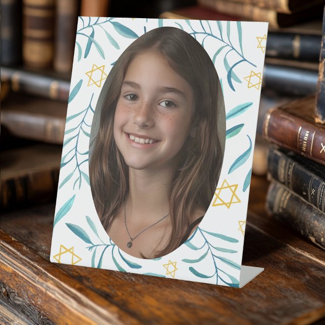 Signe De Table Bar Bat mitzvah Mariage juif Botaniques Personnali (Bar Bat Mitzvah Jewish Wedding Botanicals Custom Pedestal Sign
)