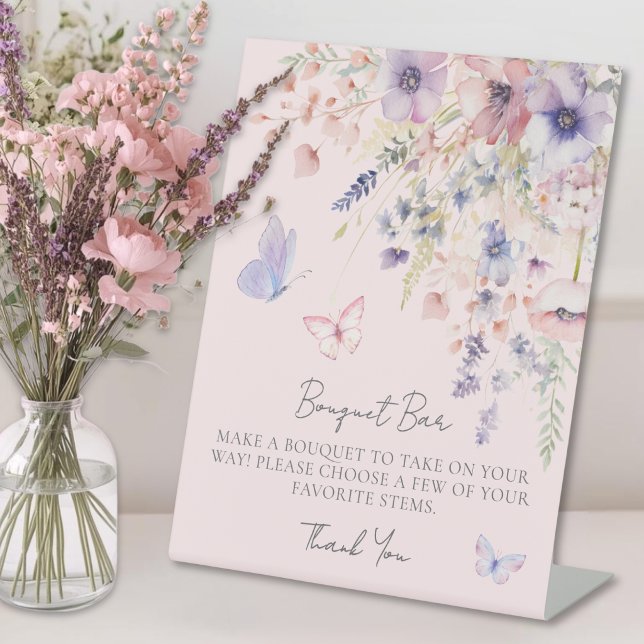 Signe De Table Bar de fleurs Bouquet Rose Pâle Papillon Sauvage (Butterfly Wildflower Blush Pink Bouquet Flower Bar Pedestal Sign )