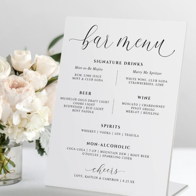 Signe De Table Bar mariage Boissons Menu Élégante Signature Boiss (Elegant Wedding Bar Menu Table Sign)