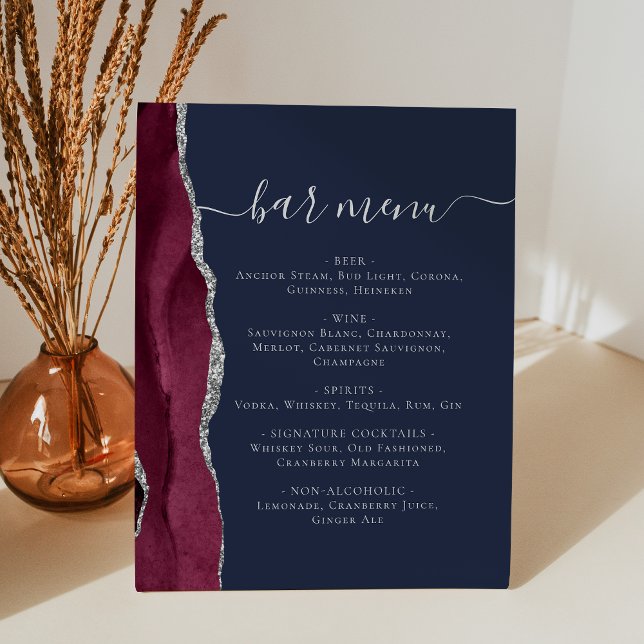 Signe De Table Bar mariage Menu Burgundy Argent Agate Marine Bleu (Créateur téléchargé)