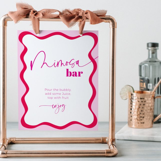 Signe De Table Bar Mimosa Bar à cocktails Hot Rose Wavy (Colorful hot pink wavy border mimosa bar sign)