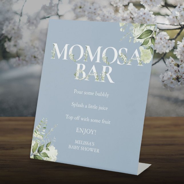 Signe De Table Bar Momosa Fleurs Vertes Baby Shower Bleu Poussiér (Greenery Momosa Bar Dusty Blue Baby Shower Pedestal Sign)