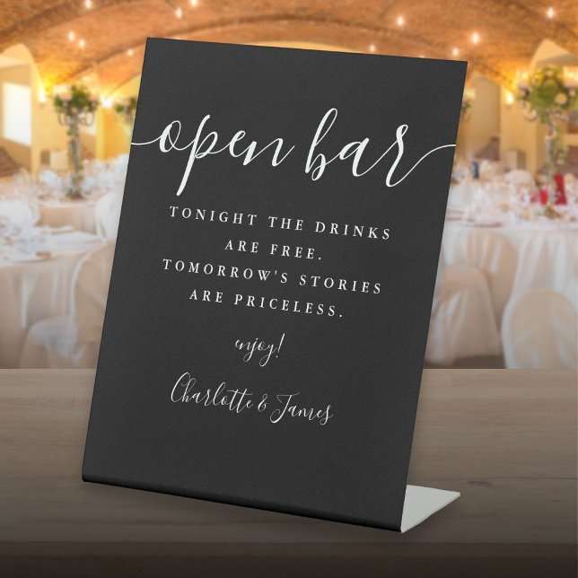 Signe De Table Bar ouvert avec écriture signature noir et blanc (Black And White Signature Script Open Bar Pedestal Sign)