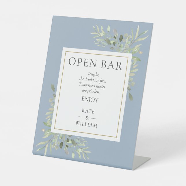 Signe De Table Bar ouvert élégant aquarelle verdure bleu poussiér (Recto)