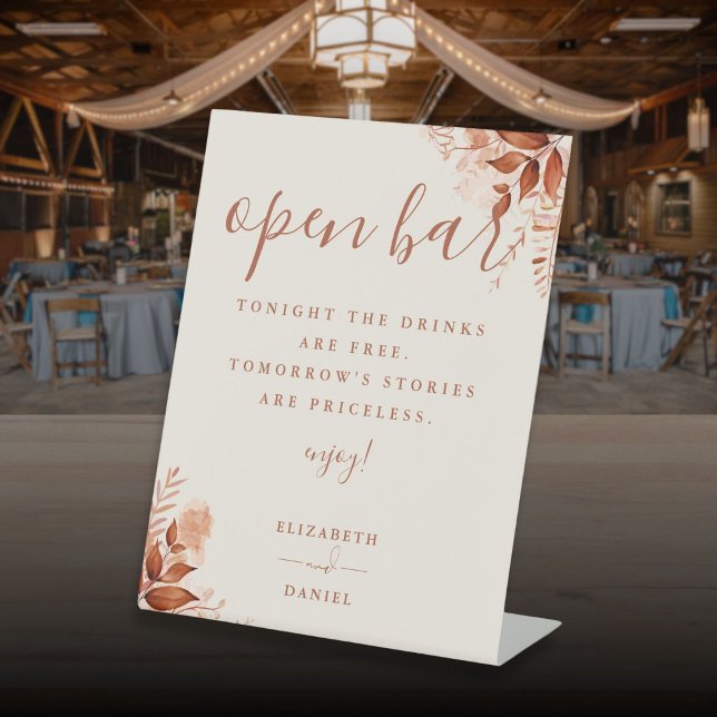 Signe De Table Bar ouvert floral rustique Automne (Autumn Fall Rustic Floral Open Bar Pedestal Sign)