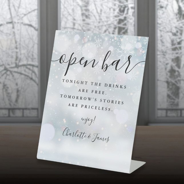 Signe De Table Bar ouvert Hiver Noir Signature Script (Open Bar Winter Black Signature Script Pedestal Sign)