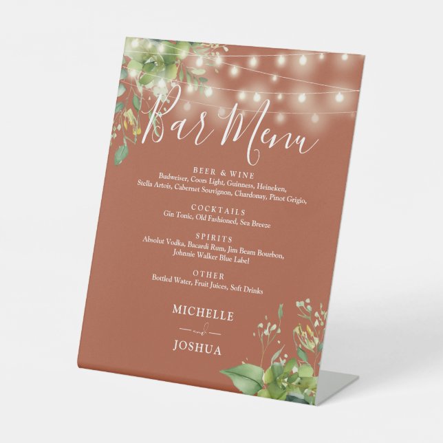 Signe De Table Barre de Mariage Terracotta - Éclairages à cordes  (Recto)