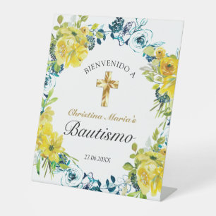 Signe De Table Bautismo de Niña Bonita Cruz Floral Amarillo