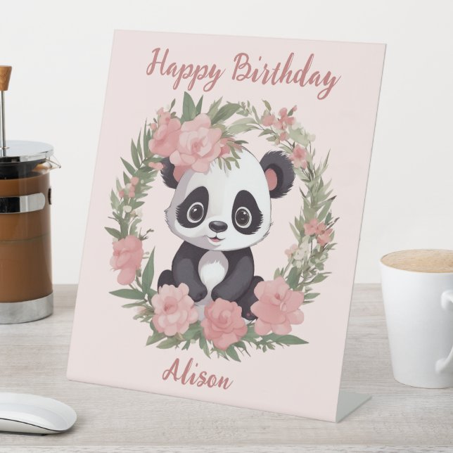 Signe De Table Bébé adorable Panda Ours avec fleurs (In SItu)