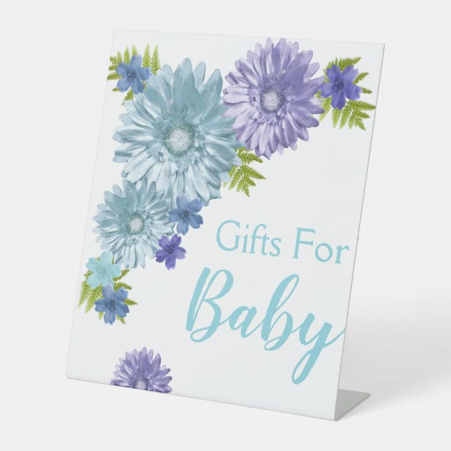 Signe De Table Bébé Bleu En Fleur Brunch Cadeaux Douche (Recto)