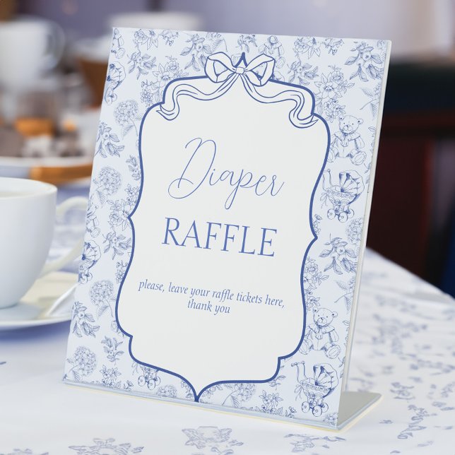 Signe De Table Bébé brunch bleu toile ruban enseigne de tombola c (Baby brunch blue toile ribbon baby shower diaper raffle table sign personalized table signs)