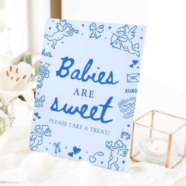 Signe De Table Bébés Mignons Dessinés à la Main en Bleu Sont Mign (Cute Blue Hand Drawn Babies Are Sweet Take a Treat Sign)