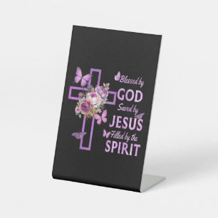 Signe De Table Béni par Dieu sauvé par Jésus Croix Florale pourpr