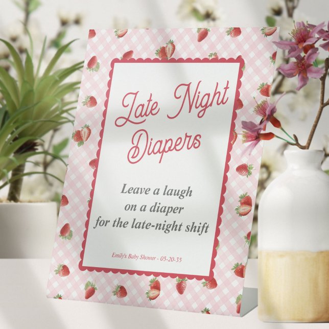 Signe De Table Berry Sweet-Pink Gingham, Late Nigh Diapers Game (Pink Gingham with Strawberry-Baby Girl Shower Late Night Diapers Sign.)