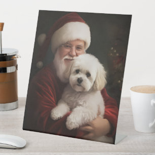 Signe De Table Bichon frisé avec le Père Noël Noël festif