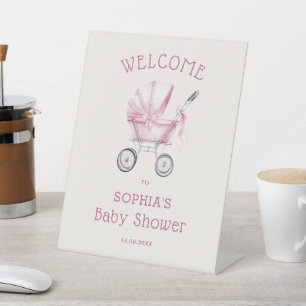 Signe De Table Bienvenue à la Baby Shower Berceau Vintage Rose