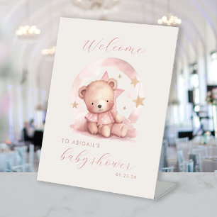 Signe De Table Bienvenue à la Baby Shower des Filles Ourson Rose