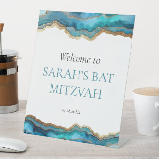 Signe De Table Bienvenue à la Bar ou Bat Mitzvah Blue Gold Agate