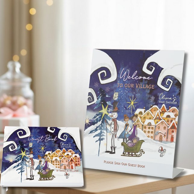 Signe De Table Bienvenue à l'hiver du village & Livre d'or (It Takes a Village Winter Baby Welcome & Guest book Pedestal Sign)
