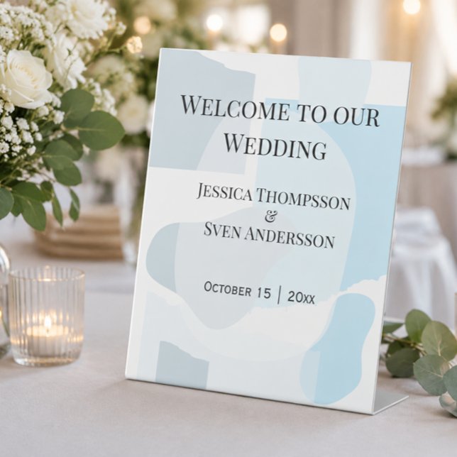Signe De Table Bienvenue au mariage abstrait bleu poudre  (Créateur téléchargé)