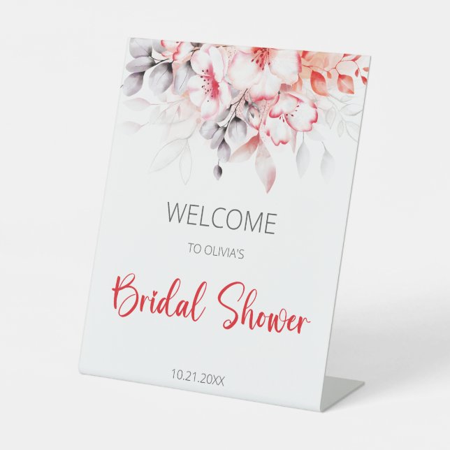 Signe De Table Bienvenue au mariage Fleurs aquarelles rouges et g (Recto)