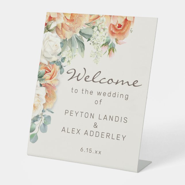 Signe De Table Bienvenue au mariage floral blanc pêche Eucalyptus (Recto)