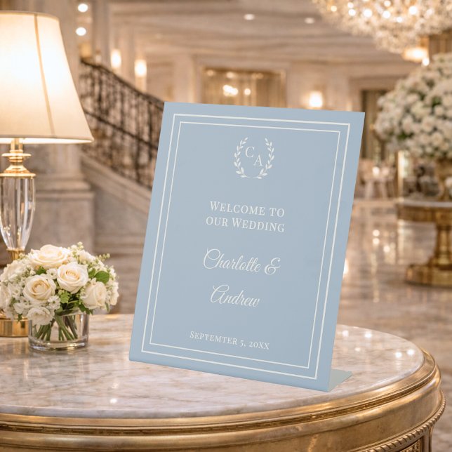 Signe De Table Bienvenue élégante de mariage avec monogramme bleu (Créateur téléchargé)