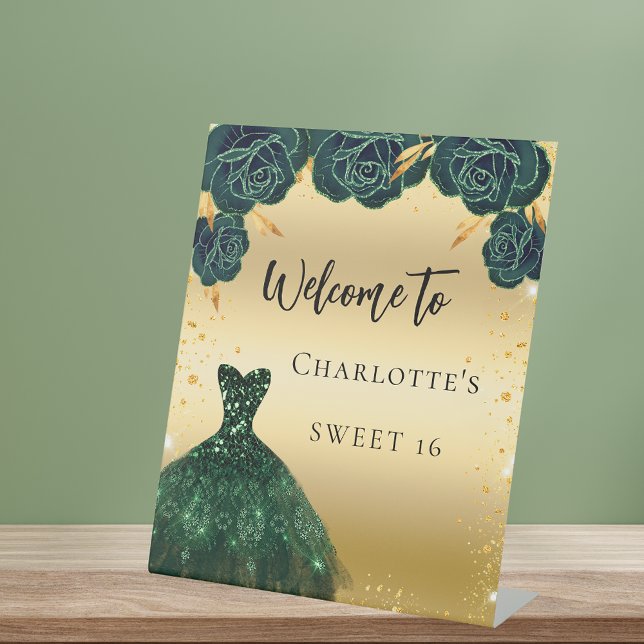 Signe De Table Bienvenue en robe verte et or pour Sweet 16 (Créateur téléchargé)