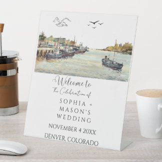 Signe De Table Bienvenue Mariage Watercolor Seascape Bateaux côti