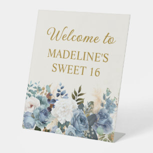 Signe De Table Bienvenue pour un Sweet 16 Bleu Poussiéreux et Fle