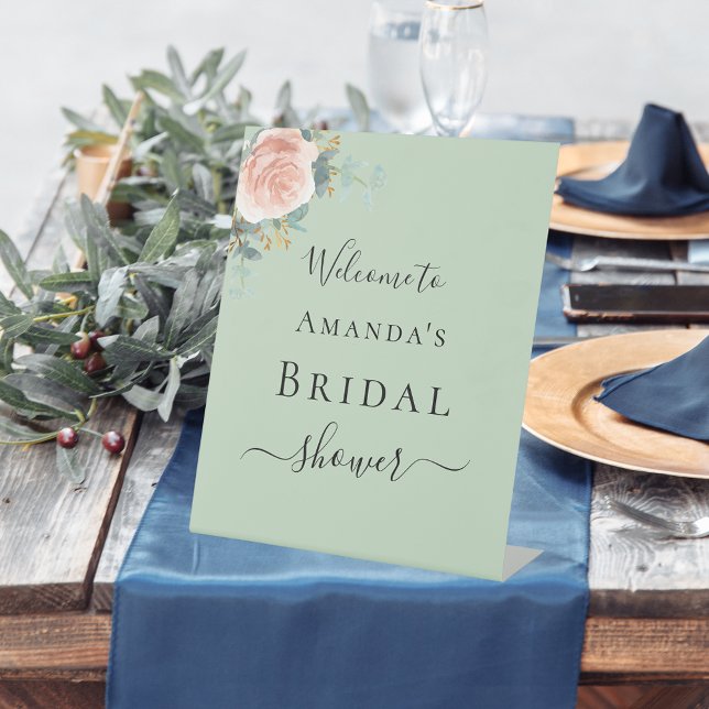 Signe De Table Bienvenue rose gold floral vert sauge pour enterre (Créateur téléchargé)