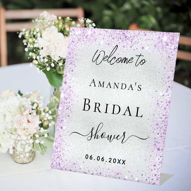 Signe De Table Bienvenue violet argent pour la fête de mariage (Créateur téléchargé)