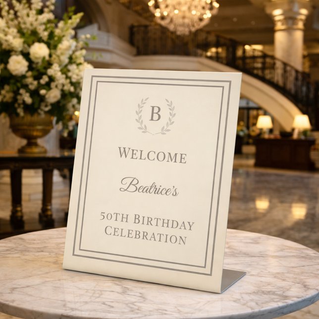 Signe De Table Birthday ivory taupe monogrammed elegant welcome (Créateur téléchargé)